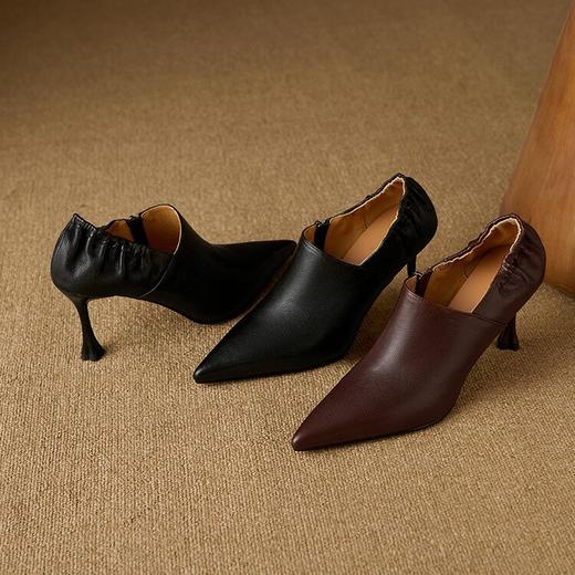 【预售5天】法式尖头细跟踝靴女秋冬羊皮深口单鞋气质高跟短靴QS&769 商品图1