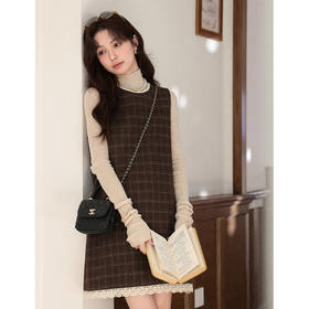 鹿向南「富家千金」复古咖色格纹背心连衣裙女秋季气质叠穿A字裙