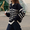 馥迦复古翻领条纹半拉链针织衫 商品缩略图5