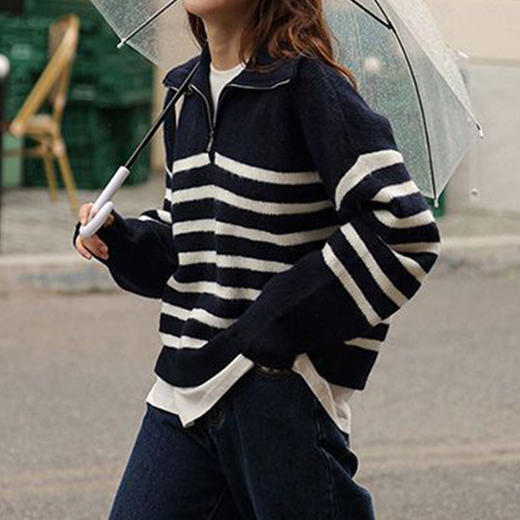 馥迦复古翻领条纹半拉链针织衫 商品图5