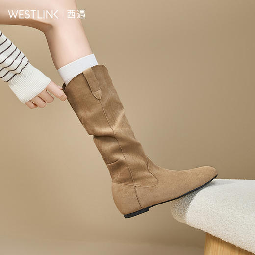 西遇美拉德长筒靴女新款秋冬不过膝高筒长靴子平底西部牛仔靴V2157193 商品图1