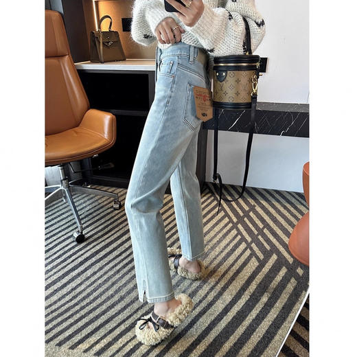 巨显腿直~2025浅蓝色加绒牛仔裤女高腰显瘦弹力九分烟管小个子直筒裤！ 商品图3
