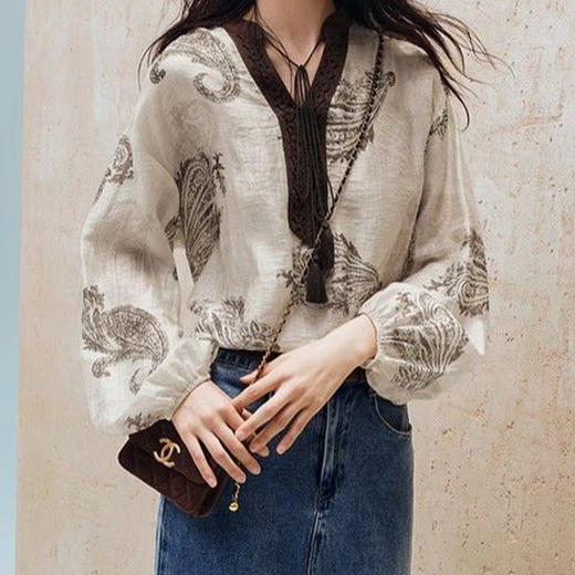 馥迦法式复古印花宽松天丝亚麻衬衫 商品图7