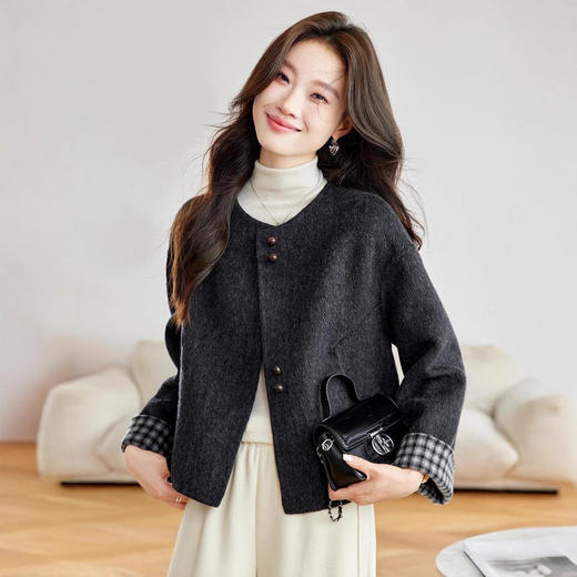 短款双面羊毛大衣，气质格纹拼接百搭显瘦毛呢外套HR-SHIY2620 商品图2