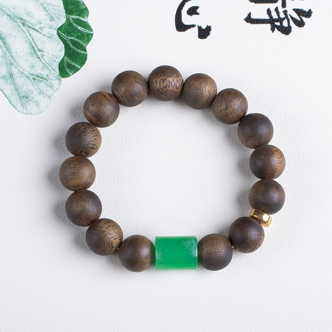 xy0640，沉香+冰绿翡翠桶珠手串