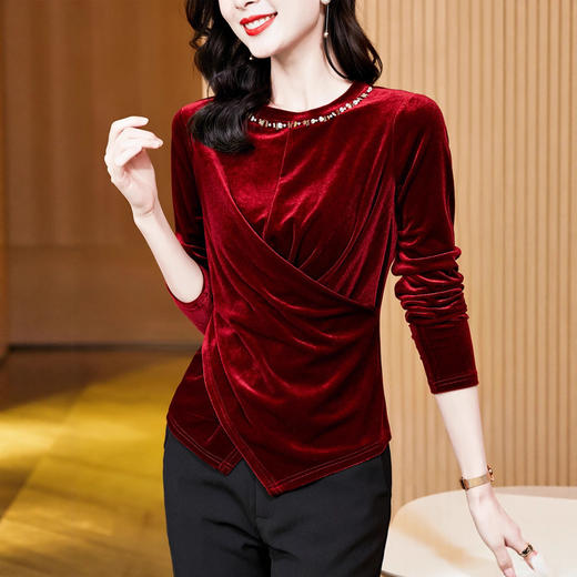 气质百搭圆领丝绒钉珠修身显瘦打底衫t恤K-E37M2931 商品图1