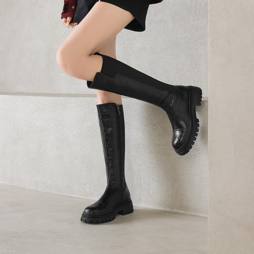 阿么手工女鞋英伦风厚底骑士靴小个子百搭软底秋冬复古长靴女5CM 商品图1