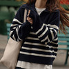 馥迦复古翻领条纹半拉链针织衫 商品缩略图4