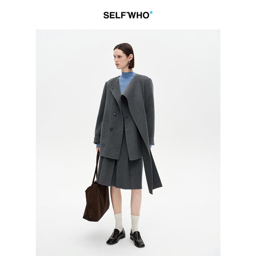 SELFWHO绵羊毛混纺围巾领双面呢外套女2025冬新款中长款毛呢大衣 商品图2