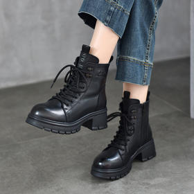 T886-52头层牛皮厚底系带马丁靴侧拉链短靴秋冬新款真皮单靴加绒女棉靴子