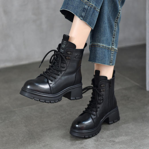 T886-52头层牛皮厚底系带马丁靴侧拉链短靴秋冬新款真皮单靴加绒女棉靴子 商品图0