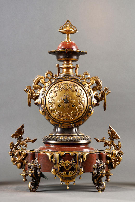 独角鹿西洋古董1880年代法国G. Servant工坊出品东方风格红色大理石底座装饰瑞兽飞蝶主题铜鎏金精雕座钟烛台三件套 商品图1