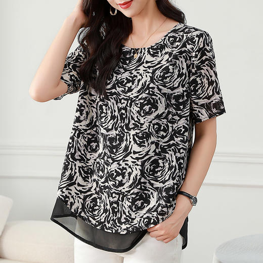 雪纺上衣女短袖大码女装2025年夏季新款女士上衣时尚碎花妈妈夏装 商品图2