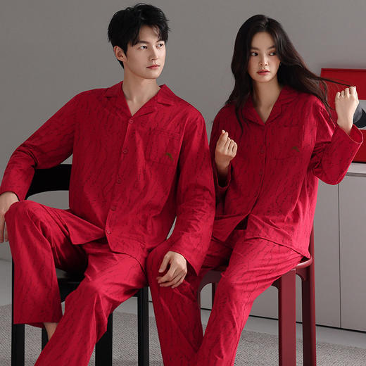 情侣睡衣纯棉长袖长裤开衫拉架棉套装秋季薄款简约红色翻领家居服   JL-NQT9056/NQT8056 商品图2