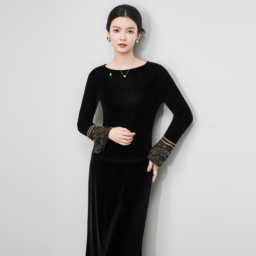 「高货wl」全新升级【铂金会员275/天猫369/差价94】(81126)洛诗琳复古丝绒打底衫2025秋冬钉珠刺绣欧根纱拼接上衣 商品图1