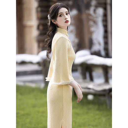 【浅花梨】新中式改良旗袍，春秋款黄色国风优雅长袖古法绝美LSB4055 商品图0