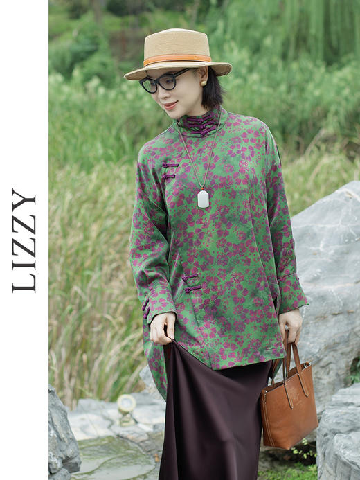 LIZZY复古优雅性中式立领偏襟开叉宽松印花香云纱桑蚕丝上衣8171 商品图0