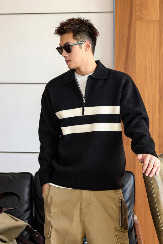 徐太浪【830g重磅 撞色条纹】半拉链毛衣男秋冬加厚保暖内搭上衣 商品图4