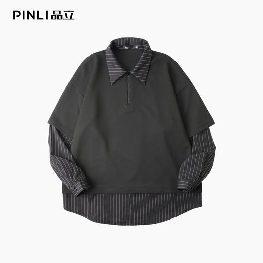 PINLI品立2025秋季新款衬衫领拼接条纹卫衣假两件宽松休闲上衣潮B253109053 商品图3