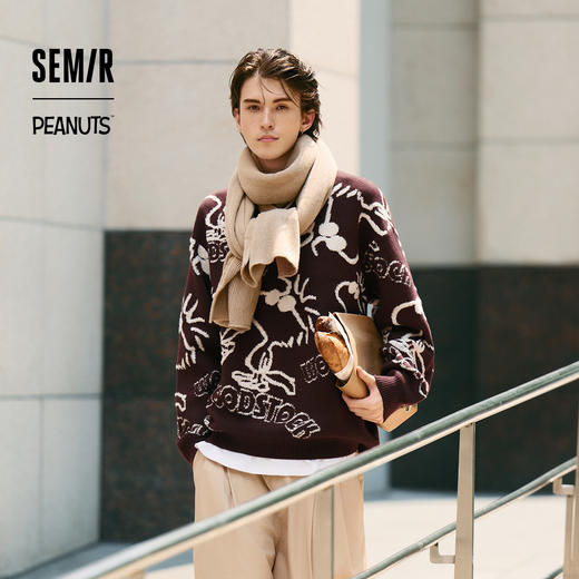 森马史努比系列毛衫男冬季满版提花针织衫撞色情侣毛衣宽松套头衫 商品图0