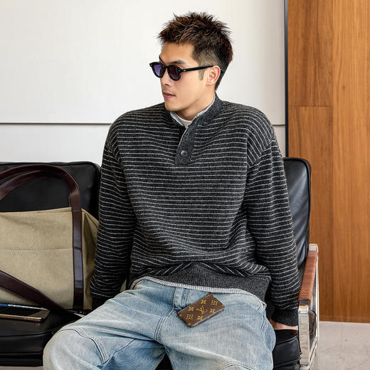 徐太浪【羊毛混纺 毛绒条纹】大码毛衣男冬季保暖内搭针织衫上衣 商品图0