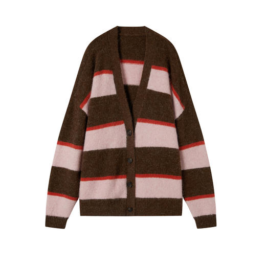 谜底V领针织开衫长袖2025年冬季新品亲肤柔滑条纹毛衣女254MZ1905 商品图4