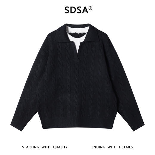 SDSA秋冬新款痞帅男装韩版纽花拼接圆领翻领假两件毛衣简约休闲 商品图0