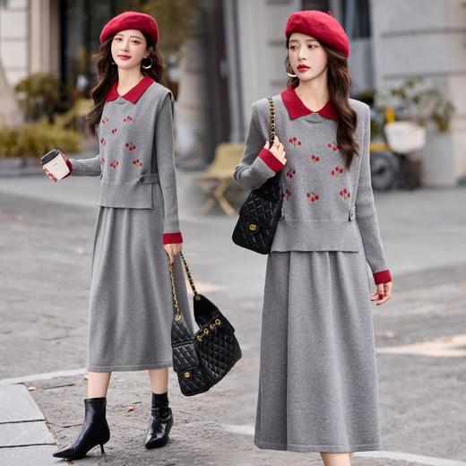 新款秋冬季刺绣针织马甲连衣裙两件套HR-YIDM3905 商品图1