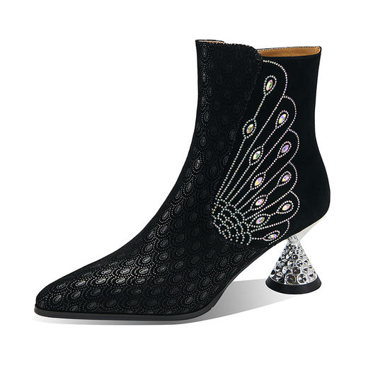 【预售5天】秋冬新款单靴时尚烫钻孔雀纹羊皮银色酒杯跟中跟真皮短靴女HR-SY&611 商品图4