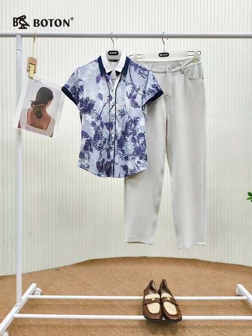 【第2件半价！尾货清仓不退换】波顿女士夏季 针织衫 花印短袖 柔滑修身撞色领设计款LT165 商品图4