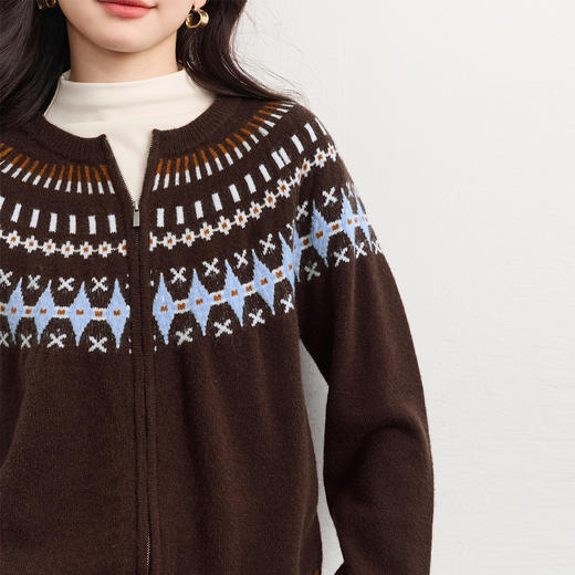 【10/23新品】熙世界费尔岛毛衣开衫女秋冬圆领复古提花拉链针织外套 商品图3