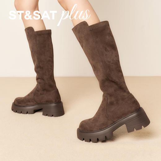 星期六黑色绒面百搭厚底过膝长靴SSD4117140 商品图4