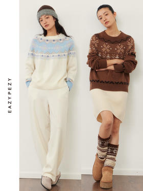 费尔岛圆领提花羊绒套头衫