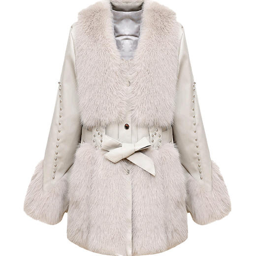 LRX-5CMJM2303-Y皮毛一体外套秋冬季女装仿貂绒保暖厚款PU皮拼结毛绒大衣 商品图4