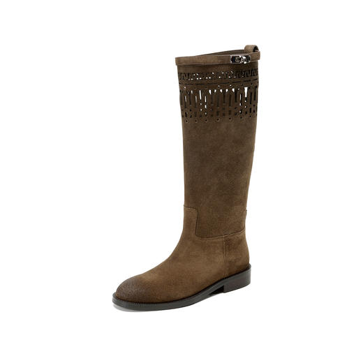 Westory2025年冬季牛绒擦色复古低跟高靴雕花镂空绒面骑士高靴W25DQ85221 商品图6