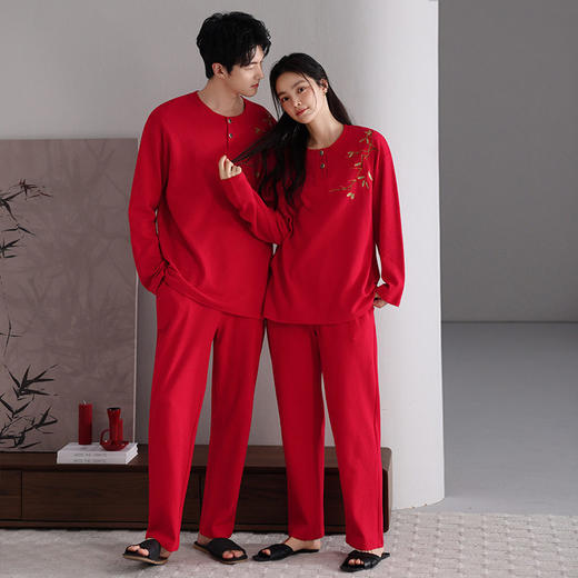 纯棉华夫格情侣睡衣女长袖长裤套装秋季简约风中青年可外穿家居服   JL-NQT9080/NQT8080 商品图3