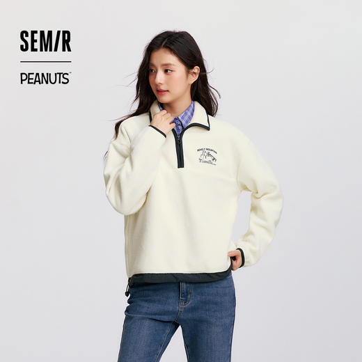 森马史努比系列卫衣女设计感摇粒绒保暖冬宽松半拉链立领刺绣上衣 商品图0