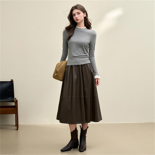 德绒保暖假两件设计简约木耳边长袖T恤女修身打底衫V3942677 商品图3