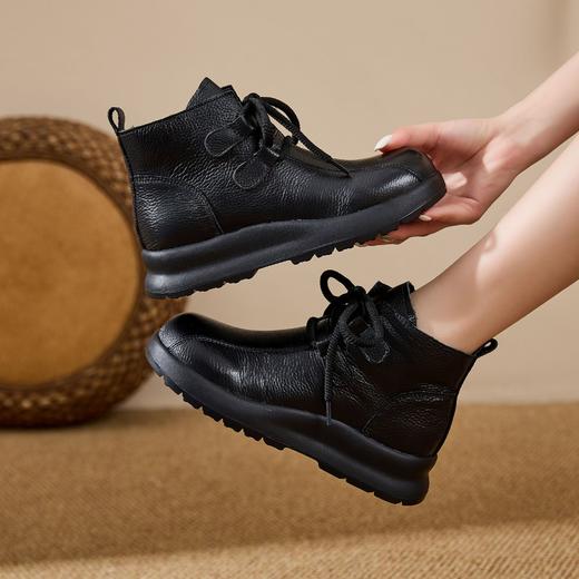 头层牛皮靴子女2025新款秋冬皮靴真皮软底系带短靴厚底防滑马丁靴 商品图2