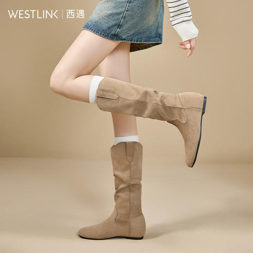 西遇美拉德长筒靴女新款秋冬不过膝高筒长靴子平底西部牛仔靴V2157193 商品图3