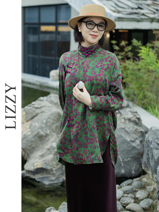 LIZZY复古优雅性中式立领偏襟开叉宽松印花香云纱桑蚕丝上衣8171 商品图1