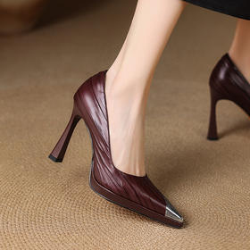 【预售5天】气质高跟鞋女秋新款金属尖头欧美性感牛皮细跟浅口单鞋工作鞋YSXY&YS7199