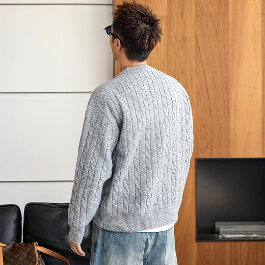 徐太浪【麻花纹 羊毛混纺】扭花毛衣男秋冬休闲内搭灰色针织上衣 商品图3