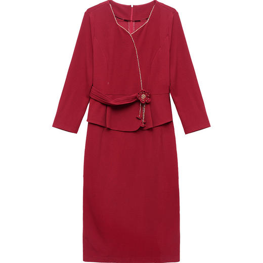 红色喜庆包臀裙中长款花朵假两件礼服裙QYM-YJ-25ZB915-Y 商品图4