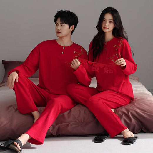 纯棉华夫格情侣睡衣女长袖长裤套装秋季简约风中青年可外穿家居服   JL-NQT9080/NQT8080 商品图0