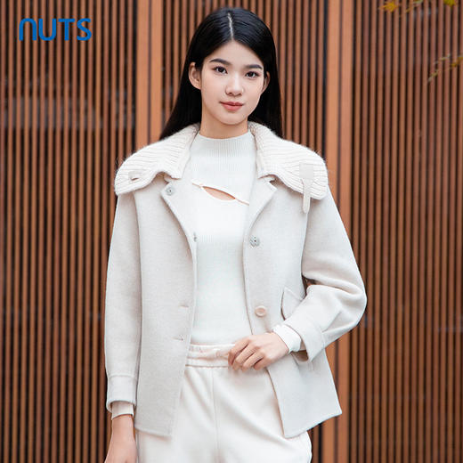 NUTS商场同款冬款设计感气质娃娃领针织拼接双面呢外套女4421507A1 商品图0