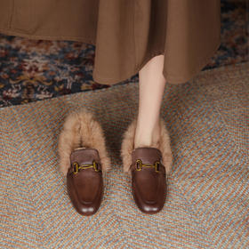 【预售5天】软牛皮复古平底乐福鞋女一脚蹬兔毛毛鞋金属扣休闲鞋MBJR&5149-2