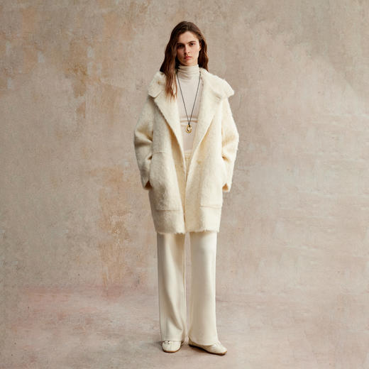 重磅马海毛澳毛蓬松丰盈咩咩卷双排扣连帽茧型大衣 商品图2