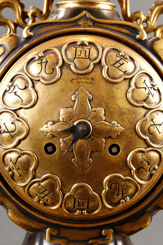 独角鹿西洋古董1880年代法国G. Servant工坊出品东方风格红色大理石底座装饰瑞兽飞蝶主题铜鎏金精雕座钟烛台三件套 商品图5