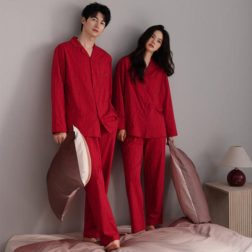 情侣睡衣纯棉长袖长裤开衫拉架棉套装秋季薄款简约红色翻领家居服   JL-NQT9056/NQT8056 商品图3